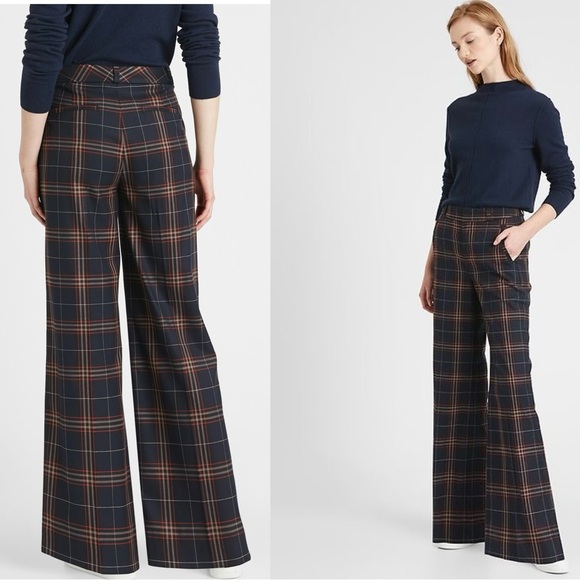 Banana Republic Pants - Banana Republic Navy Plaid Check Tartan HIGH-RISE SLIM WIDE-LEG PANT 6S